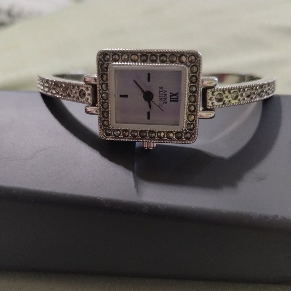 Vintage Annie Klein XII Watch, Silver w/ Crystal Stones around Face & Band 6 1/2